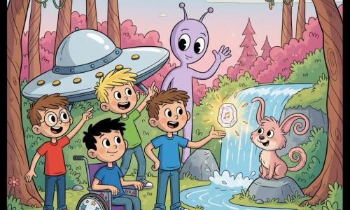 Dans une forêt colorée près d'une petite cascade, quatre garçons de 6 ans — Lucas (châtain court, t-shirt rouge, lunettes, à gauche, pointant le vaisseau), Max (blond en bataille, t-shirt vert, sautillant), Tom (brun, t-shirt bleu, mains sur les hanches) et Léo (noir, court, en fauteuil roulant étoilé, sourire confiant) — découvrent avec l'extraterrestre amical Zog (peau lavande, grands yeux ronds, petites antennes, debout près de l'ouverture d'un vaisseau argenté) la Grande Pierre de Couleurs au bord de la cascade; la pierre multicolore brille et scintille, Zog tend la main pour la réveiller et Fluffy (petit animal rose à longues oreilles trompette et queue en spirale) observe posé sur une pierre; style cartoon rétro, couleurs saturées, contours épais, expressions exagérées et poses dynamiques.