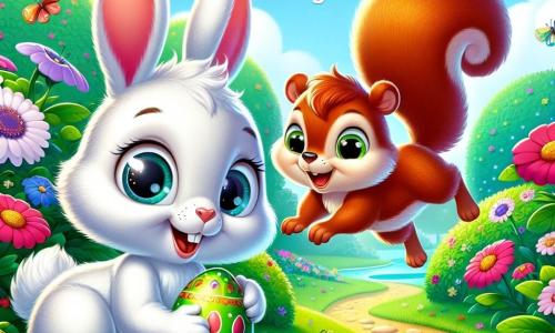 Léo, un petit lapin blanc aux grandes oreilles et aux yeux curieux, tient un œuf de Pâques brillant entre ses pattes, souriant d'excitation. À ses côtés, un écureuil espiègle au pelage roux saute de joie, ses yeux malicieux pointant vers le jardin. Ce jardin enchanteur est rempli de fleurs colorées, de papillons et d'un chemin sinueux bordé de buissons. Léo et l'écureuil découvrent un œuf de Pâques mystérieux au milieu des fleurs, prêts à suivre le chemin vers une aventure magique.