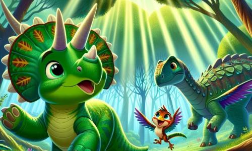 Tino, un jeune tricératops à la peau verte et aux trois cornes, affiche une expression déterminée et joyeuse, prêt à partir à l'aventure. À ses côtés, Roxy, un petit vélociraptor aux plumes colorées, saute avec enthousiasme. En arrière-plan, Arlo, un ankylosaure sage, les observe avec bienveillance. La scène se déroule dans une forêt mystérieuse, où de grands arbres filtrent la lumière du soleil, créant une atmosphère magique. Tino et Roxy s'apprêtent à entrer dans la forêt pour trouver un allié légendaire qui les aidera à protéger leur monde, marquant le début d'une grande aventure.