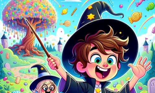 Un garçon de 9 ans, Timothée, avec des cheveux ébouriffés et un grand chapeau de magicien trop grand pour lui, se tient au centre de l'image, les yeux écarquillés et un sourire malicieux. Il tient une baguette en bois, entouré de bonbons colorés tombant du ciel. À ses côtés, Léa, une fille de 9 ans avec de longs cheveux bruns et des lunettes rondes, rit aux éclats, les bras levés, comme si elle dansait sous la pluie de bonbons. En arrière-plan, l'Arbre des Souhaits, un arbre géant aux feuilles multicolores, semble danser au rythme de la magie, tandis que le ciel est rempli de nuages en forme de bonbons. Timothée tente de lancer un sort pour faire pleuvoir des bonbons, mais c'est une pluie de chapeaux de sorciers qui tombe, provoquant des rires chez Léa et les villageois.