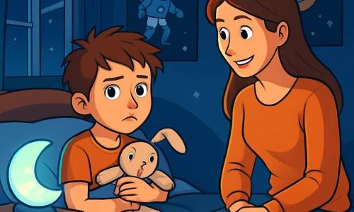 Lucas, un garçon de 12 ans aux cheveux châtains en bataille et aux yeux curieux, est allongé dans son lit, tenant un doudou en forme de lapin. À côté de lui, une veilleuse en forme de lune diffuse une douce lumière bleue. Sa mère, une femme d'une trentaine d'années avec des cheveux longs et bruns, se tient près de lui, prête à lui raconter une histoire. La chambre est décorée de posters d'astronautes et de planètes, avec des murs peints en bleu nuit. Des jouets sont éparpillés sur le sol et une fenêtre ouverte laisse entrer un léger souffle de vent. Lucas, anxieux mais courageux, est prêt à affronter ses peurs nocturnes tandis que sa mère lui parle pour l'apaiser, créant une ambiance magique avec la lumière de la veilleuse.