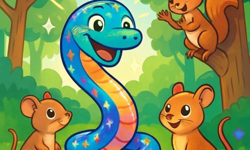 Un serpent aux écailles scintillantes, Saphir, se déplace gracieusement sur un tapis de mousse verte, avec des reflets multicolores sous le soleil. À ses côtés, une petite souris nommée Miette, au pelage brun clair et aux grands yeux curieux, l'observe avec admiration, tandis qu'un écureuil nommé Noisette grimpe à un arbre proche, prêt à applaudir leur aventure. La scène se déroule dans une forêt d’émeraude, où des arbres majestueux et des fleurs colorées créent un tableau enchanteur. Saphir et ses amis se préparent à aider un petit lapin en détresse, dans une atmosphère de camaraderie et d'aventure.