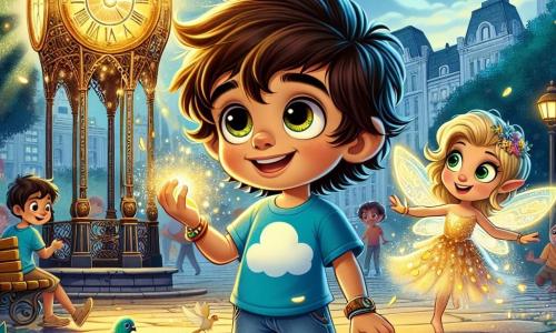 Lucas, un petit garçon de 6 ans aux cheveux châtains en désordre et aux yeux curieux, se tient au centre de la scène. Il porte un t-shirt bleu à motifs de nuages et un short en jean, souriant d'émerveillement devant une lumière dorée. À ses côtés, Lila, une petite fée aux ailes brillantes et aux cheveux dorés, vole joyeusement, habillée d'une robe en pétales de fleurs. La scène se déroule dans un parc urbain animé, avec des arbres majestueux, des fleurs colorées et une vieille horloge en fer forgé émettant une lueur dorée. Lucas et Lila tentent de réparer l'horloge magique, des éclats de lumière dorée illuminant leurs visages émerveillés, créant une atmosphère de magie et de joie.