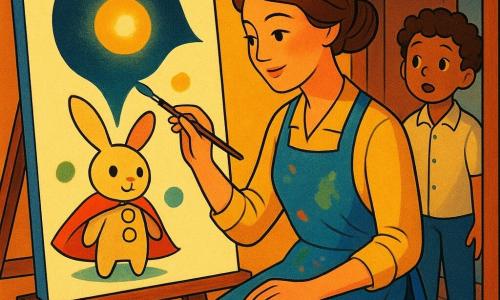 Une jeune artiste aux cheveux châtain attachés en chignon, visage doux et sourire timide, porte un tablier bleu taché de peinture et transforme au pinceau une grosse goutte sombre sur une grande feuille blanche en un œil lumineux semblable à une petite planète ; un garçon d'environ huit ans, pieds nus et chemise claire, se tient émerveillé dans l'encadrement de la porte, main posée sur le montant, observant ; sur la feuille apparaît aussi un petit lapin héros formé par taches vertes et roses, avec cape rouge et deux boutons jaunes, dessins délicats ; l'atelier est petit et chaleureux, sol en bois clair, table couverte de tubes écrasés et palette vive, pinceaux rangés, chevalet, lumière du soir dorée entrant par la fenêtre ; scène centrée sur la feuille, gros plan sur l'œil-planète et le lapin-cape, palette de couleurs vives (bleu, jaune, vert, rose, rouge), contrastes doux et lignes art déco stylisées.