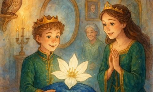 Un prince d’environ 12 ans, cheveux châtain clair bouclés, visage rond et yeux curieux, sourit en tenant délicatement une grande Fleur-de-Lune blanche nacrée posée sur un coussin de velours bleu nuit ; à sa droite une reine d’environ 35 ans en robe de velours émeraude brodée d’or, les mains jointes et émerveillée, et à l’arrière une gardienne d’environ 70 ans, cheveux argentés en chignon et robe de feuilles vert pâle, près d’une porte de branches, regard bienveillant ; une chouette adulte aux lunettes d’ambre, ailes repliées, est perchée sur une corniche dorée à gauche ; la grande salle du palais aux hauts plafonds voûtés, tapis rouges et portraits encadrés, comprend un grand miroir ovale reflétant le prince et la fleur dans une douce lueur argentée ; ambiance magique et chaleureuse, lumière de bougies et reflets lunaires, couleurs pastel avec touches aquarelle ; composition centrée sur le prince et la fleur, personnages secondaires en arc et miroir en arrière-plan.