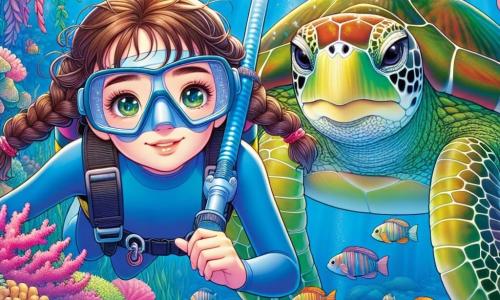 Naya, une fille de 10 ans aux cheveux bruns en tresses, porte une combinaison de plongée bleue et un masque. Elle est émerveillée en explorant les profondeurs marines, à côté d'une tortue marine majestueuse aux écailles vertes et dorées. La scène se déroule dans un récif corallien vibrant, entouré de coraux colorés et de poissons multicolores. Naya tend la main vers un rideau d'algues, prête à découvrir une grotte murmurante.