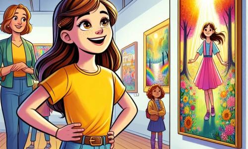 Une fille de 12 ans, Lisa, aux longs cheveux bruns et aux yeux pétillants, se tient devant un tableau coloré. Elle porte un t-shirt jaune vif et un pantalon en jean, son visage rayonnant d'excitation. À côté d'elle, sa mère, une femme d'environ 35 ans aux cheveux châtains, l'encourage avec un sourire admiratif, vêtue d'une robe bleue. L'endroit est une galerie d'art lumineuse avec des murs blancs et des œuvres exposées. Lisa, les mains sur les hanches, admire son tableau représentant une forêt ensoleillée, ressentant fierté et joie, entourée du soutien de sa mère, tandis que d'autres visiteurs admirent son œuvre.