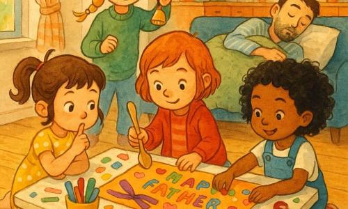 Cinq personnages dans une cuisine-salon cosy : quatre filles de 5 ans — Lila aux couettes brunes en robe jaune à pois chuchotant à gauche, Mina aux boucles noires en salopette bleue collant des gommettes à droite, Zoé blonde en tresse et pull vert debout derrière la table qui rit en secouant une clochette, Jade rousse au centre tenant une cuillère en bois comme une baguette — préparent en chuchotant une surprise de fête des pères autour d’une grande feuille colorée, gommettes, rubans et boîte à trésors au centre d’une table basse blanche ; le papa, ~35 ans, barbe de trois jours en pyjama rayé, dort paisiblement sur un canapé à l’arrière-plan, couvert jusqu’aux genoux. Lieu chaleureux, sol en bois clair, lumière douce du matin, traits encre visibles et textures papier/tissu détaillées.