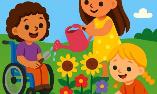 Trois personnages sont présents : Lila, une fille de 8 ans dans un fauteuil roulant bleu, souriante et tenant une petite pelle ; Mia, 7 ans, debout avec de longs cheveux bruns, arrosant des fleurs avec un arrosoir rose ; et Clara, 6 ans, accroupie avec des cheveux blonds en tresses, prête à planter des graines. L'action se déroule dans un jardin d'école ensoleillé, rempli de fleurs colorées et de légumes bien rangés. Les trois amies créent un jardin magique, Lila plante des graines, Mia arrose les fleurs, et Clara prépare d'autres semences, tout en s'amusant ensemble dans la nature.