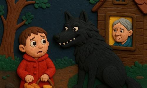 Un garçon de 4 ans, anxieux mais curieux, yeux ronds, sourcils froncés, lèvres tremblantes, porte un petit manteau rouge vif à texture de pâte à modeler et tient un panier avec du pain et un pot de miel; une grand-mère d’environ 70 ans, inquiète, cheveux gris en chignon et rides douces, regarde depuis la fenêtre jaune de sa petite maison en bois à droite; un grand loup noir au pelage sombre en couches texturées, dents blanches nettes et sourire un peu menaçant, bloque le chemin face au garçon avec son ombre allongée; la scène se passe la nuit sur un sentier forestier avec arbres aux troncs torsadés couleur terre cuite, feuilles en petits morceaux verts, sol brun avec empreintes et petites pierres rondes, maison en bois à gauche et fenêtre jaune chaude; situation principale : confrontation visuelle centrée entre le garçon avançant doucement et le loup bloquant le chemin, forts contrastes rouge/noir, textures pâte à modeler visibles, couleurs vives et formes simples adaptées aux enfants de 4 ans.