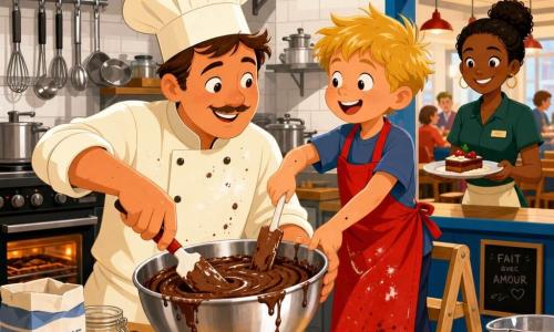 Un chef souriant à la toque blanche et veste crème farinée lisse une pâte au-dessus d’un grand saladier en métal pendant qu’un garçon de 9 ans, cheveux blonds en bataille et tablier rouge trop grand, sur un escabeau mélange avec admiration ; en arrière-plan une serveuse en uniforme vert apporte une assiette près de la passe, la cuisine lumineuse et ordonnée présente plans de travail en bois clair, murs carrelés, étagères avec bocaux et ustensiles suspendus, four allumé et horloge orange, ambiance chaleureuse aux couleurs vives, geste complice focalisé sur les mains avec éclats de farine et gouttes de chocolat.