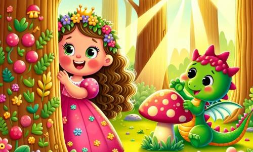 Une petite princesse, Lila, souriante et pleine d'énergie, avec de longs cheveux bouclés et une robe rose parsemée de fleurs colorées, se cache derrière un grand champignon rouge, ses yeux pétillants de malice. À côté d'elle, un petit dragon vert, avec des écailles brillantes et des ailes translucides, cherche sa nouvelle amie, curieux et enjoué. La scène se déroule dans une forêt enchantée, où de grands arbres aux troncs dorés s'élèvent vers le ciel, et des fleurs multicolores dansent sous la douce brise. Des rayons de soleil illuminent le sol tapissé de mousse verte. Lila et le dragon jouent à cache-cache, riant ensemble, tandis que le dragon s'exclame joyeusement : "Où est Lila ?".