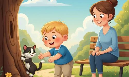 Un garçon de 2 ans aux cheveux blonds courts et joues rosées, vêtu d'un t-shirt bleu et d'un pantalon beige, tend la main pour caresser un chat noir et blanc aux yeux verts qui se frotte contre un tronc d'arbre; la mère d'environ 30 ans, cheveux bruns en chignon et sourire doux, est assise sur un banc à droite, le regard bienveillant. Scène dans un parc lumineux aux herbes vertes, fleurs jaunes, grand arbre et sentier de gravier, lumière chaude de fin d'après-midi; ambiance tendre, couleurs vives et style enfantin.