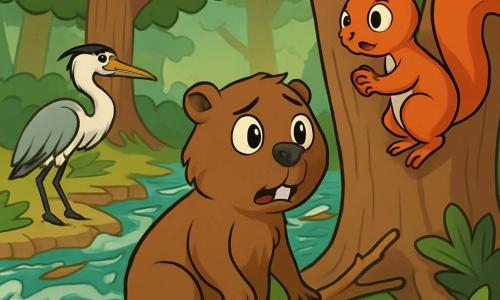 Un jeune castor nommé Malo, avec un pelage brun et une queue plate, regarde la rivière en crue avec inquiétude, prêt à agir pour sauver son habitat. À côté de lui, Léna l'écureuil, au pelage roux, grimpe sur un arbre, préoccupée avec une graine dans les pattes. Plus loin, Gaston le héron, observant la scène, est prêt à s'envoler chercher de l'aide. La scène se déroule dans la clairière de la forêt de Chênebrume, où la tension est palpable alors que les animaux prennent conscience de l'urgence de la situation.