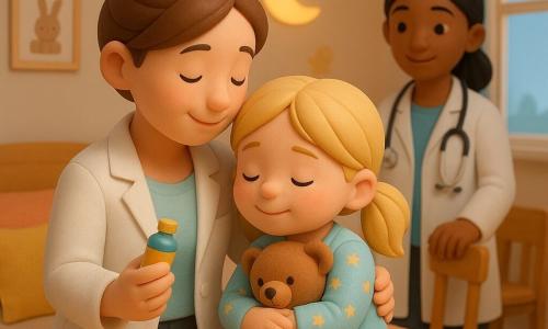Une chambre petite et chaleureuse en couleurs pastel montre Lili, une fillette d'environ 6 ans aux cheveux blonds en couettes et pyjama à étoiles, assise sur le lit serrant une peluche, le visage un peu rougi mais soulagé, tandis que sa maman médecin, visage doux et souriant, cheveux bruns en chignon et blouse blanche, la serre tendrement après lui avoir donné un médicament (petite seringue jouet ou flacon coloré) ; près de la porte, la médecin de garde sourit, stéthoscope au cou et mains posées calmement sur le dossier d'une chaise, la pièce éclairée d'une veilleuse lune jaune douce, avec couvertures et coussins colorés, dessin d'animaux au mur et fenêtre sur un ciel bleu clair, le tout dans un style jouet 3D mignon, cosy et rassurant.