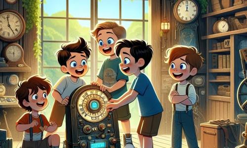 Dans une vieille cabane en bois, quatre garçons de huit ans, Lucas, Max, Hugo et Léo, sont réunis autour d'une machine à voyager dans le temps. Lucas, émerveillé, regarde la machine, tandis que Max rit en s'apprêtant à appuyer sur un bouton. Hugo observe le panneau de contrôle avec curiosité, et Léo, confiant, se tient en retrait, les bras croisés. La cabane est entourée de lierre et remplie d'horloges anciennes et de livres poussiéreux, créant une atmosphère magique. Ils s'apprêtent à activer la machine, une lumière éclatante les enveloppe, annonçant le début de leur aventure à travers le temps.