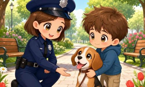 Policière souriante et rassurante, visage rond, grands yeux noisette, cheveux courts châtain, uniforme bleu marine propre avec casquette et insigne, agenouillée et tendant la main vers un chiot ; garçon de 8 ans, petit, cheveux bruns en bataille, yeux pleins d'espoir, tenant la laisse et serrant un petit beagle tricolore assis entre eux ; parc en arrière-plan avec allée pavée, pelouse, arbres, bancs et fleurs, lumière douce de fin de matinée, ambiance chaleureuse et sûre, style chibi kawaii aux traits enfantins et couleurs pastel.