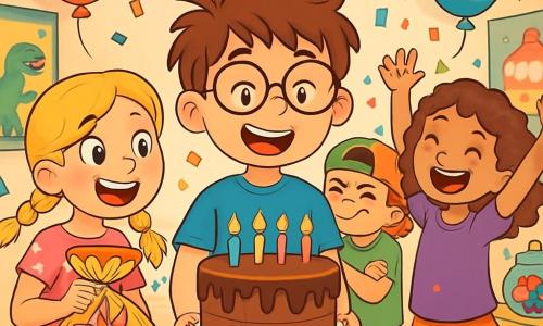 Quatre enfants célèbrent un anniversaire : Paul, 9 ans, cheveux bruns en bataille et lunettes rondes, sourit au centre avec un gros gâteau au chocolat. Lucie, 9 ans, cheveux blonds tressés, est à côté de lui avec un sac de bonbons. Sami, aussi 9 ans, fait une grimace en retrait, tandis que Zoé, avec des cheveux châtains bouclés, danse joyeusement à droite. La fête se déroule dans une salle colorée d'un musée, décorée de posters de dinosaures et de ballons. Paul s'apprête à souffler ses bougies, entouré de ses amis, tandis qu'une petite licorne magique, Biscotte, se cache dans le sac de Lucie, ajoutant une touche de magie à ce moment festif.