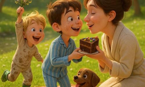 Un garçon de 10 ans malicieux au visage rond et taches de farine, cheveux bruns en bataille, en pyjama rayé bleu clair tenant une part de gâteau décorée de smarties et souriant à sa mère; son petit frère de 6 ans, joyeux et boueux, cheveux blonds, bottes à pois, trace de terre sur le pyjama, saute en agitant un petit bouquet sauvage; la mère d’environ 35 ans, cheveux châtains en chignon désordonné et peignoir léger, s’agenouille pour les embrasser en riant, un peu surprise; un petit chien brun couvert de farine et de cacao remue la queue près d’une nappe à carreaux rouge et blanc; lieu : berge de jardin ensoleillée au bord d’un ruisseau, herbe verte parsemée de pâquerettes, branches filtrant la lumière, gâteau un peu écrasé, boîte de cacao renversée et poème plié sur la nappe — pique-nique improvisé pour la fête des mères, ambiance chaleureuse et désordre affectueux, style 3D doux avec textures nettes et palette printanière joyeuse.