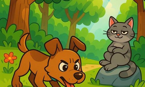 Un chien nommé Tobby, avec un pelage brun et des yeux curieux, se tient au milieu d'une forêt verdoyante. Il a l'air déterminé et fatigué, cherchant de la nourriture. À ses côtés, un chat gris, assis sur une pierre, l'observe paresseusement. La forêt est dense, avec des arbres majestueux, des fleurs colorées et des rayons de soleil. Tobby renifle le sol en espérant trouver quelque chose à manger, tandis que le chat se prélasse au soleil. La scène évoque une atmosphère d'aventure et de camaraderie, avec la détermination de Tobby dans sa quête.