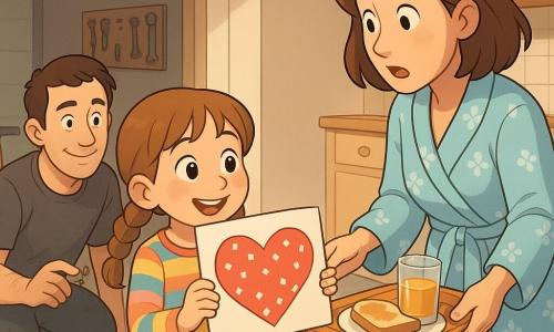 Une fillette d'environ 8 ans, heureuse et timide, cheveux châtain clair en deux nattes et pyjama à rayures, tend un grand dessin en forme de cœur décoré de petits carrés blancs comme du sucre dans une cuisine lumineuse aux couleurs chaudes; la mère, visage doux et surpris, cheveux mi-longs châtain, penchée pour recevoir le dessin, tient un plateau avec des tartines et un verre de jus d'orange, tandis que le père, environ 40 ans, cheveux courts bruns et chemise légèrement tachée, est accroupi près d'un vélo dans le garage entrouvert visible depuis la porte et tient une petite vis brillante; table en bois avec nappe à pois, miettes et petite tache de confiture, lumière douce du matin, ambiance de fête intime en tonalités pastel et ombres douces.