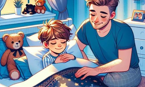 Un garçon de 8 ans, Léo, aux cheveux bruns en bataille et aux yeux pétillants, est allongé dans son lit, souriant sereinement. Enveloppé dans une couette étoilée, il est entouré de ses doudous, créant une ambiance réconfortante. À ses côtés, son papa, un homme d'une trentaine d'années avec des cheveux courts et une légère barbe, est assis sur le bord du lit, souriant tendrement et prêt à l'aider à s'endormir. La chambre, aux murs bleu pastel et aux rideaux légers, laisse passer une lumière dorée. Un chat noir, Minuit, est enroulé sur un coussin près de la fenêtre. Léo respire profondément, les yeux mi-clos, tandis que son papa lui parle doucement pour l'aider à se détendre et à se préparer pour un voyage imaginaire vers le pays des rêves.