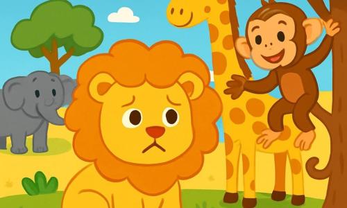 Léo, un lion majestueux à la crinière dorée, regarde autour de lui avec inquiétude, assis dans l'herbe. À ses côtés, un singe espiègle grimpe sur une branche, prêt à l'aider. Non loin, une girafe élégante observe la scène, tandis qu'un éléphant imposant se tient à l'arrière-plan, souriant. La scène se déroule dans une savane dorée, sous un ciel bleu éclatant. Léo cherche sa plume bleue perdue, soutenu par ses amis.