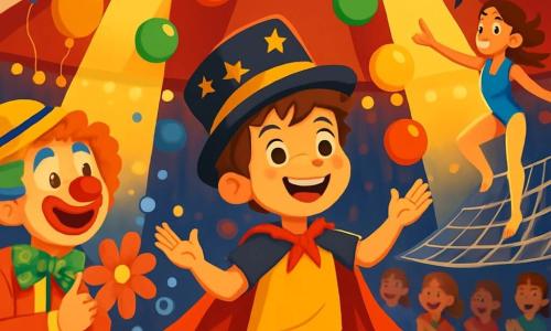Un garçon de 8 ans, Maxime, avec des cheveux châtains en bataille et un grand sourire, se tient au centre de la scène, jonglant avec des balles multicolores sous les projecteurs. À sa droite, un clown joyeux avec un nez rouge rit en applaudissant, tenant une fleur en plastique qui gicle de l'eau. À gauche, une acrobate de 10 ans, avec des cheveux longs et un costume scintillant, se prépare à faire un saut. La scène se déroule sous un chapiteau de cirque rayé, rempli de lumières et de spectateurs émerveillés. Maxime jongle avec énergie, envoyant des bulles de savon, tandis que le public rit et l'encourage.