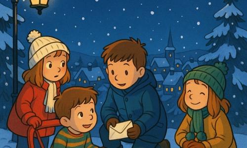 Quatre enfants au sommet d'une colline enneigée la nuit : Lucie (environ 8 ans, manteau rouge, bonnet blanc) tire une luge rouge, Margot (≈8 ans, écharpe verte, veste moutarde) est accroupie en souriant, Théo (≈9 ans, parka bleue) est à genoux montrant une petite enveloppe blanche trouvée dans la neige et Paul (≈7 ans, pull rayé) est assis à l'arrière de la luge, émerveillé ; pins enneigés et toits de village aux fenêtres éclairées en arrière-plan, lampadaire ancien diffusant une lueur jaune, ciel étoilé et lune ronde, flocons visibles, ambiance de Noël paisible avec contrastes froids et accents chauds, visages et vêtements clairement visibles.