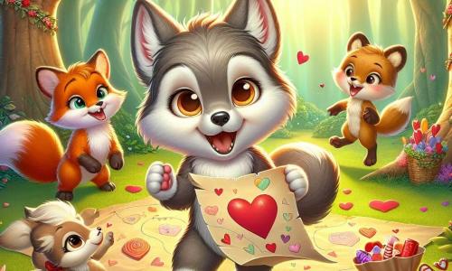 Petit Loup, un jeune loup au pelage doux, se tient au centre de la clairière, les yeux pétillants d'excitation, tenant une grande carte en forme de cœur. Il sourit largement, entouré de décorations colorées de Saint-Valentin. À sa droite, Petit Renard, un renard espiègle avec un pelage roux, saute de joie, tenant un sachet de bonbons en forme de cœur. À gauche, la Biche, gracieuse avec son pelage brun clair, sourit tendrement. La scène se déroule dans une forêt enchantée, baignée de lumière dorée, où de grands arbres entourent une clairière décorée. Petit Loup annonce avec enthousiasme sa Chasse aux Cœurs de la Saint-Valentin à ses amis, tandis que des rires et des chants résonnent, créant une atmosphère festive.