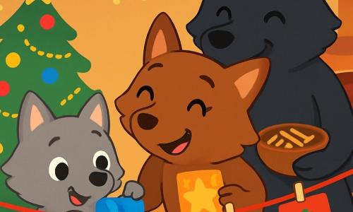 Un petit loup nommé Loulou, avec un pelage gris et des yeux curieux, accroche des cartes de Noël sur un ruban rouge. Il sourit en tenant une carte bleue avec un bonhomme de neige. À côté, Maman Louve, avec son pelage brun, sourit tendrement en tenant une carte scintillante, tandis que Papa Loup, grand et noir, rit doucement en tenant un bol de pinces en bois. La scène se déroule dans un salon douillet, décoré de guirlandes lumineuses, avec un sapin de Noël couvert de boules colorées et un feu crépitant dans la cheminée. Loulou et sa famille créent une belle décoration festive en accrochant des cartes de vœux.