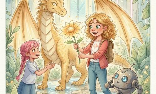 Camille, 8 ans, cheveux blonds bouclés, tient une grande fleur dorée lumineuse tandis que Lila, aussi âgée d’environ 8 ans avec des tresses roses, lui apporte son soutien à gauche; à droite, Chrono, petit robot rond aux yeux bleus, observe posé sur une pierre, et devant elles se tient calmement un grand dragon de lumière aux écailles dorées translucides; le tout dans un jardin secret futuriste aux plantes scintillantes et reflets néon, atmosphère paisible et magique, rendu aquarelle doux.