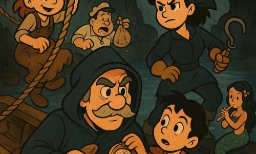 Le capitaine Marius, visage buriné, moustaches grises, tient fermement une vieille boussole en cuivre sur le pont d’un petit bateau, capuche relevée et manteau battant au vent ; à droite Marta, lieutenant d’environ 30 ans, regard d’acier, mains sur un grappin prête à bondir ; à gauche Lili, charpentière d’environ 25 ans, cheveux en bataille, tablier clouté, grimpe une corde, concentrée ; entre elles Saïd, jeune marin de 16 ans, tend les bras vers la boussole, anxieux mais résolu ; en arrière-plan Jonas, cuisinier d’environ 35 ans, tient un sac de haricots dont certains tombent, visage comique et préoccupé ; sur un rocher adjacent Noura, adolescente déguisée en sirène, cheveux ornés de coquillages, souffle une note à la flûte, visage bienveillant et mystérieux ; lieu : crique rocheuse nocturne nommée Grand Gouffre, falaise noire mouchetée de mousse, eau sombre aux reflets d’étoiles, brouillard léger sous une lune pâle, lanternes et coffres de pirates sur la plage ; situation : confrontation nocturne et ruse pour reprendre une boussole volée, scène dynamique aux silhouettes contrastées, cordages tendus et lueur chaude des lanternes sur le cuivre, tension héroïque sans violence graphique.