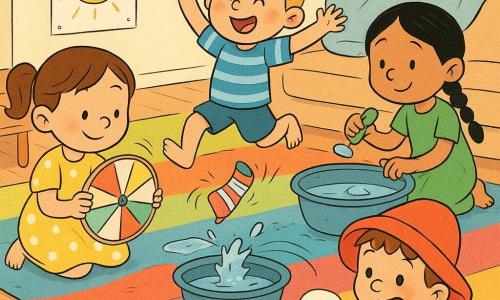 Quatre enfants de 4 ans jouent dans un salon transformé en mini-kermesse : Lila, joyeuse et concentrée, cheveux bruns en couette, robe jaune à pois, fait tourner un crayon sur une assiette en carton décorée en roue ; Noé, souriant et victorieux, cheveux blonds courts, t-shirt rayé bleu, saute près d’une bassine bleue après avoir lancé une chaussette qui fait 