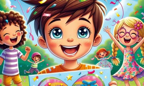 Léo, un garçon de 8 ans aux cheveux bruns en bataille et aux yeux pétillants, se tient au centre de l'image avec une grande carte en forme de cœur. Il sourit, entouré de confettis. À sa droite, Zoé, une fille de 8 ans aux cheveux blonds tressés et lunettes rondes, rit en tenant une carte brillante, vêtue d'une robe à fleurs colorées. À gauche, Maxence, un garçon de 8 ans aux cheveux châtains et lunettes de soleil sur le front, fait un geste de victoire avec un ballon en forme de cœur. Le décor est un parc ensoleillé, rempli de verdure, de fleurs et de ballons, où des enfants jouent, créant une ambiance festive. L'image illustre Léo et ses amis célébrant la Saint-Valentin, mettant en avant la joie de l’amitié et de la créativité.