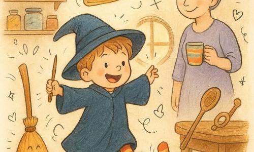 Milo, petit apprenti sorcier de 3 ans, joyeux et malicieux, porte une robe bleu nuit trop longue, des chaussettes rayées rouges et jaunes, tient une courte baguette en bois et un chapeau qui se transforme en petite casserole brillante; la sorcière Lulu, femme adulte souriante aux cheveux gris en chignon, tient une tasse colorée et se tient en arrière à droite en regardant Milo avec douceur; un balai en bois chante et danse au sol, une cuillère transformée en trompette repose sur la table et des chaussettes sautillent autour; la scène se déroule dans une cuisine-atelier chaleureuse avec des étagères de bocaux colorés, des cailloux scintillants, une boîte-peinture devenue petit théâtre vert et une fenêtre ronde laissant entrer une lumière dorée; Milo joue et transforme des objets, le chapeau bouge sur sa tête et les objets rient et dansent autour dans une ambiance magique, drôle et cosy.