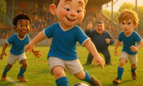 Noé, ~13 ans, visage rond avec quelques grains de beauté et cheveux châtain courts, en tenue de foot bleu et blanc légèrement boueuse, contrôle le ballon du pied droit et effectue une passe en retrait parfaite vers ses coéquipiers — Malik, ~13 ans, peau mate, cheveux noirs bouclés, à gauche bras ouverts prêt à recevoir à deux mètres, et Yanis, ~14 ans, blond en bataille, à droite prêt à attaquer le centre — tandis que le coach d'une quarantaine d'années, poivre et sel, poing levé, observe depuis la ligne de touche; petit stade vivant avec pelouse verdoyante et traces de boue, tribunes modestes colorées, lumière dorée de fin d’après-midi; ambiance de transition offensive, foule excitée, énergie collective et respect sportif; rendu 3D lumineux et chaleureux, couleurs saturées, textures réalistes et expressions faciales exagérées mais bienveillantes, composition dynamique centrée sur l’action du ballon.