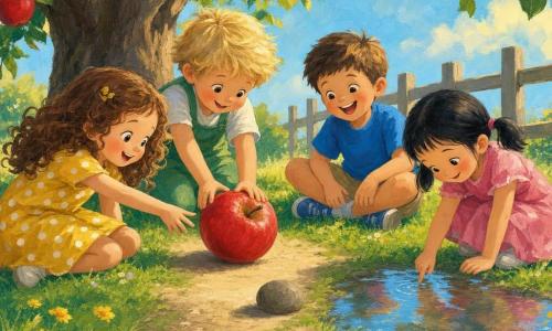 Quatre enfants forment un petit cercle sous un grand pommier aux feuilles épaisses et aux pommes rouges : Lila, 6 ans, cheveux bouclés châtain, robe jaune à pois blancs, assise à gauche et tend la main vers une pomme rouge ; Tom, 6 ans, cheveux courts bruns, t-shirt bleu, assis à droite, rit en regardant la pomme rouler ; Sam, 6 ans, cheveux blonds en bataille, salopette verte, derrière la pomme, la pousse doucement des deux mains ; Mia, 5 ans, cheveux noirs lisses en couette, robe rose, en avant près d’une petite flaque, tapote l’eau du doigt. Le sol est couvert d’herbe douce et de fleurs jaunes, une petite pierre ronde et une flaque réfléchissante sont près du chemin de terre, un rayon de soleil traverse les branches, arrière‑plan : clôture en bois clair et ciel bleu pâle. Scène colorée et lumineuse, gestes tendres et expressions joyeuses et concentrées, style peinture acrylique aux contours doux et textures visibles de pinceau.