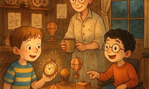 Trois personnages : Tom, 8 ans, cheveux châtain courts, t-shirt rayé bleu et jaune, tient une montre ancienne brillante dans la main droite et regarde émerveillé vers la table ; Léo, 8 ans, cheveux noirs bouclés, lunettes rondes, en fauteuil roulant manuel rouge, sourit et pointe une petite boîte à musique sur la table ; Madame Rivet, ~40 ans, cheveux gris en chignon, blouse beige tachée d’huile, lunettes fines, tend une tasse de chocolat chaud depuis derrière la table. Lieu : salon ancien transformé en atelier d'inventions — murs en bois foncé, tapis persan usé, étagères d’engrenages en laiton, lampes à huile suspendues, petites affiches d'inventions, grande fenêtre avec rideau en lin laissant filtrer la lune. Situation : les garçons découvrent émerveillés des modèles réduits de ballons et boîtes musicales en laiton posés sur une table en bois patiné ; la montre brille de reflets dorés, des étincelles graphiques autour d’un petit moteur, visages rieurs baignés d’une lumière ambrée. Style : doux, traits d’encre visibles, couleurs chaudes et textures papier.