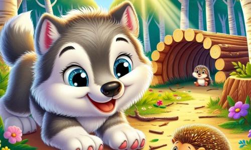 Léo, un petit loup au pelage gris et aux yeux curieux, a une patte arrière légèrement atrophiée mais sourit avec détermination en rampant dans un tunnel en bois, entouré de ses amis. À ses côtés, Margo, une hérissonne aux piquants dorés, dessine des fleurs colorées sur le sol et regarde Léo avec fierté. La scène se déroule dans une clairière ensoleillée, entourée d'arbres majestueux, où Léo et Margo participent à un parcours d'obstacles, célébrant l'amitié et la diversité dans une ambiance joyeuse.