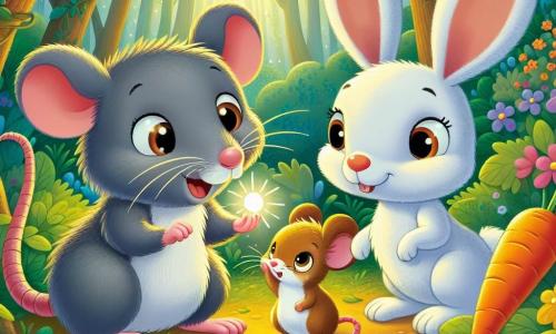 Un petit rat gris, avec de grands yeux brillants et un sourire joyeux, se tient au centre de la scène, levant une patte pour saluer ses amis. À ses côtés, une petite souris nommée Mimi, avec un pelage brun et des oreilles rondes, le regarde avec curiosité, prête à l'accompagner. Un lapin blanc, Léon, se tient en arrière, l'air triste, tenant une carotte. La scène se déroule dans une forêt enchantée, avec des arbres épais, des fleurs colorées et des rayons de soleil créant une ambiance chaleureuse. Rémi, Mimi et Léon se rassemblent autour d'une lumière brillante sous une feuille, partageant un moment de découverte et de joie, alors qu'ils s'apprêtent à résoudre le mystère des carottes perdues.