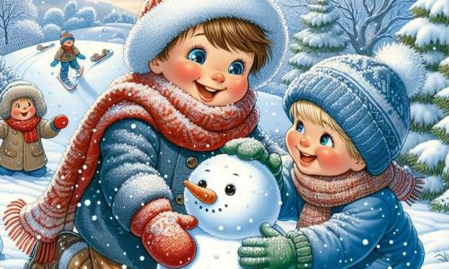 Dans un jardin enneigé, deux garçons, Tom et Hugo, construisent un bonhomme de neige. Tom, 7 ans, a des cheveux bruns et porte une écharpe rouge et un manteau bleu. Hugo, 6 ans, a des cheveux blonds, un bonnet bleu et des gants verts. Le jardin est couvert de neige scintillante, avec des arbres chargés de neige et un ciel bleu clair. Les deux amis rient et s'amusent en créant un bonhomme de neige aux yeux en charbon et à la carotte pour nez, symbolisant la magie de l'hiver.
