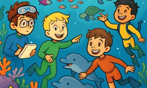 Quatre enfants explorent un récif corallien coloré. Antoine, 12 ans, avec des cheveux bruns et des lunettes de plongée, observe les coraux en prenant des notes. Paul, 12 ans, aux cheveux blonds, sourit en montrant un banc de poissons multicolores. Lucas, 11 ans, avec des cheveux châtains et une prothèse de jambe, nage avec des dauphins curieux. Émile, 12 ans, aux cheveux noirs, rit en faisant des gestes vers des tortues marines. L'atmosphère est magique avec des coraux en fleurs, des poissons éclatants et des rayons de lumière filtrant à travers l'eau cristalline. Les enfants sont émerveillés par la beauté des créatures marines et l'énergie des dauphins qui jouent autour d'eux.
