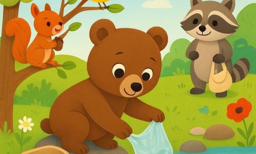 Un petit ours brun doux et déterminé, pelage rond et grands yeux, agenouillé sur une pierre près de l'eau, attrape délicatement un sachet plastique et le place dans sa petite besace en toile ouverte à côté de lui; un oiseau jaune vif perché sur un tronc proche, ailes mi-ouvertes, l'encourage; un écureuil roux espiègle accroché à une branche basse à gauche de l'ours tient une noix et applaudit; en arrière-plan à droite, un voisin raton laveur souriant tient un sac en tissu près d'une poubelle en métal, prêt à aider; la rivière claire reflète le ciel bleu, des pierres rondes, des fleurs colorées (marguerites blanches, coquelicots rouges), herbe verte, quelques papillons et un soleil doux en haut à gauche; ambiance chaleureuse et simple montrant l'action d'écologie — l'ours ramasse le sachet pendant que ses amis l'encouragent, couleurs saturées, formes douces, composition centrée et lisible pour tout-petits.