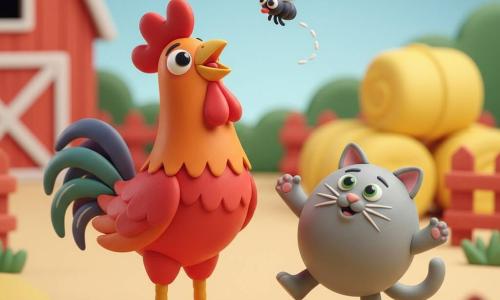 Un coq coloré (plumes rouge vif, crête orange, pattes jaunes) au regard joyeux et fier chante « cocorico » la tête haute tandis que le chat Pacha (pelage gris doux, yeux verts, silhouette ronde) rit et danse sur ses pattes arrière à côté, une petite mouche noire tourne au-dessus ; la scène se déroule dans une cour de ferme ensoleillée (sol en terre claire, bottes de foin jaunes, barrière en bois rouge et grange rouge-orange), tout est chaleureux et coloré.