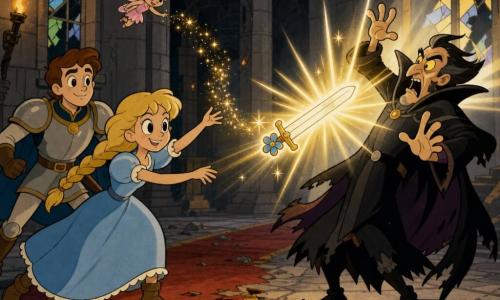 Princesse d’environ 12 ans au sourire déterminé et aux cheveux blonds en tresse, robe bleu ciel simple et bottines en cuir, lance une petite fleur lumineuse qui se transforme en épée scintillante ; prince d’environ 16 ans aux cheveux châtains courts en armure légère, soulagé mais attentif, se tient derrière prêt à aider ; sorcier d’environ 45 ans au visage anguleux, cape noire déchirée et yeux jaunes menace, recule en levant les mains, aveuglé par la lumière ; petite fée d’un pouce, ailes translucides roses, souriante près de la princesse et laissant tomber des étincelles dorées ; lieu : grande salle de château sombre aux murs de pierre grise, torches, tapis rouge usé et vitraux cassés filtrant des rayons ; situation : moment de victoire lumineuse avec l’épée-fleur jaillissant en traits de lumière jaune et blanche, explosions d’étincelles et expressions triomphantes contrastant avec l’ombre du sorcier.