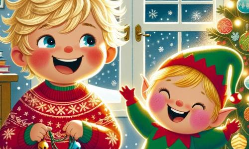 Un petit garçon de 2 ans, avec des cheveux blonds en bataille et des yeux pétillants, sourit en tenant une guirlande colorée. Il porte un pull rouge avec des flocons de neige et un pantalon bleu. À côté de lui, un lutin farceur avec un bonnet vert et des joues roses saute joyeusement en tenant une cloche. La scène se déroule dans un salon chaleureux, décoré de guirlandes scintillantes et d'un grand sapin illuminé. Des flocons de neige tombent doucement à l'extérieur, ajoutant une touche magique. Le garçon et le lutin rient ensemble, le lutin lançant une guirlande qui tombe sur la tête du garçon, le faisant rire encore plus.