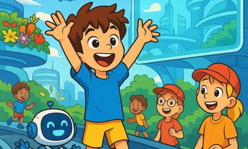 Un garçon de 10 ans, Léo, avec des cheveux bruns en bataille et des yeux curieux, se tient sur un trottoir roulant. Il porte un t-shirt bleu vif et un short jaune, affichant une joie débordante. À ses côtés, son robot, Pixel, fait des pirouettes. En arrière-plan, des voitures volantes colorées glissent dans le ciel bleu, tandis que des jardins suspendus avec des fleurs lumineuses et des légumes multicolores décorent les toits futuristes. L’ambiance est joyeuse, avec des enfants riant et jouant. Léo, émerveillé, lève les bras vers un grand écran holographique affichant des images de la cité, entouré de ses amis, une fille aux cheveux blonds et un garçon aux lunettes rondes, qui l'observent avec des sourires enthousiastes.