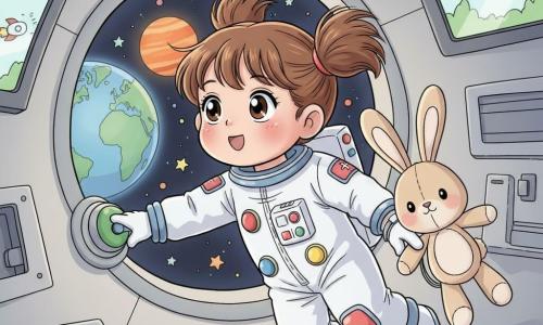 Une fillette d'environ 5 ans aux cheveux châtains en couettes, visage rond et grands yeux émerveillés, porte une combinaison spatiale blanche à boutons colorés et flotte dans une cabine spatiale ronde gris clair ; elle tend les mains vers le grand hublot en appuyant sur un gros bouton vert, un doudou lapin beige aux longues oreilles flotte à côté, la Terre bleue et une planète orange brillent dehors, ambiance douce, sûre et enfantine, couleurs vives, traits simples et éclairage doux.
