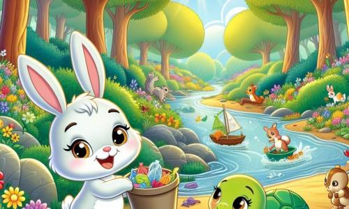 Un petit lapin nommé Léo, aux grandes oreilles et au pelage blanc, se tient joyeusement au centre de la scène, souriant en ramassant des déchets colorés dans la forêt. À ses côtés, sa meilleure amie Clara, une tortue à la carapace verte, le regarde avec admiration, en grignotant une feuille. Le décor est une belle réserve naturelle, avec des fleurs colorées, des arbres majestueux et un ruisseau scintillant, créant une ambiance paisible. Léo et Clara nettoient la forêt, entourés d'animaux curieux comme des oiseaux et des écureuils, tandis que le soleil brille au-dessus, illuminant leur aventure écologique.